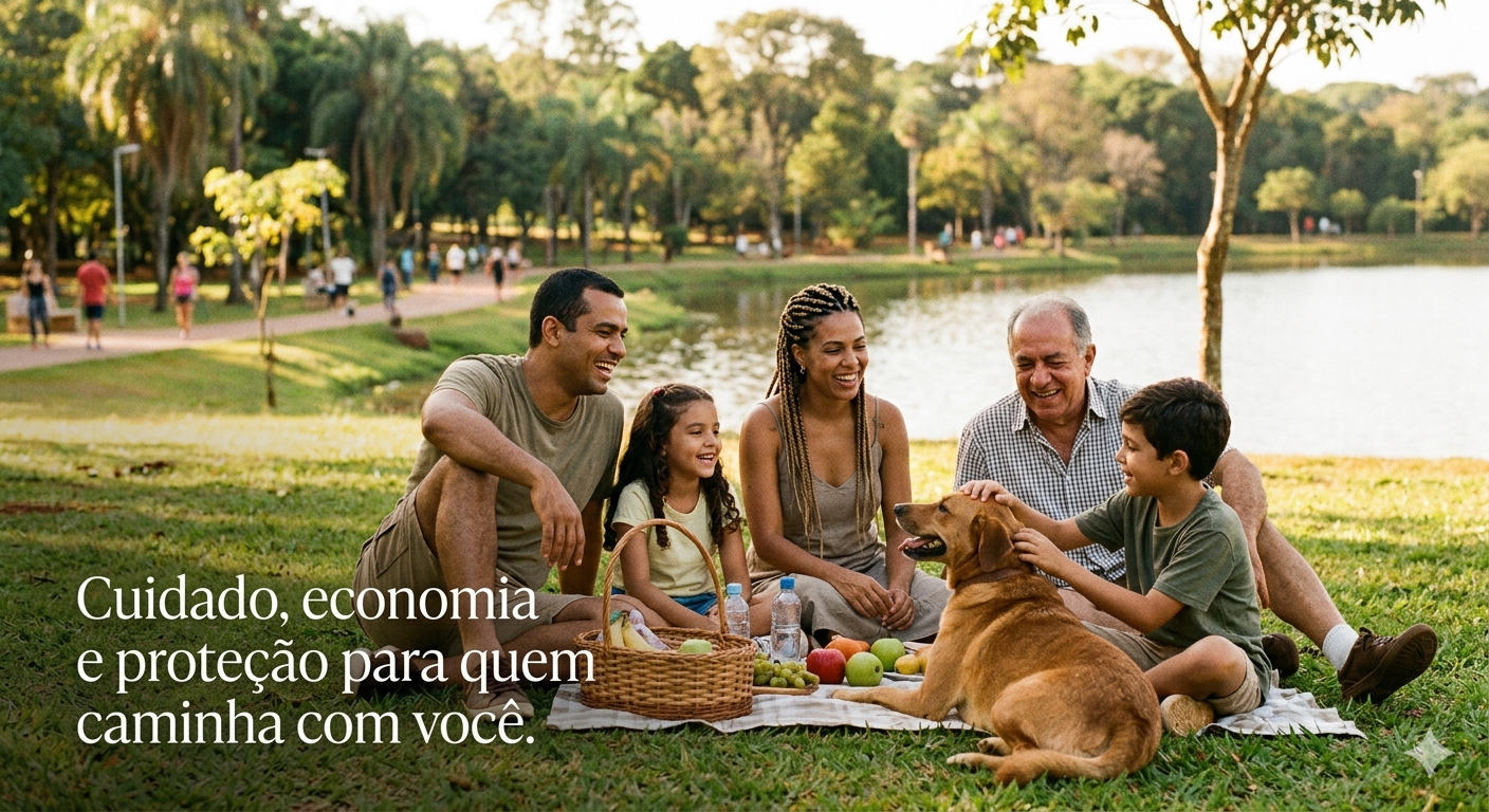 Familia reunida ao ar livre com cachorro